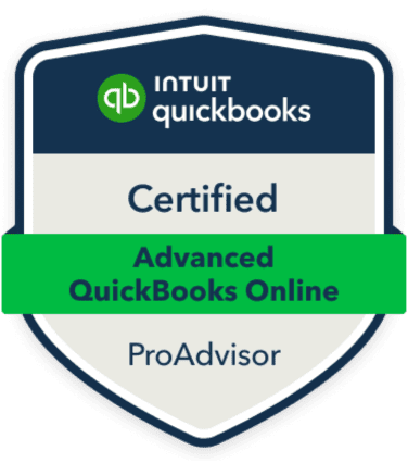 Badge displaying "Intuit QuickBooks Certified Advanced QuickBooks Online ProAdvisor" with the QuickBooks logo at the top.