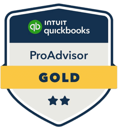 A shield-shaped badge labeled "Intuit QuickBooks ProAdvisor Gold" with two dark blue stars at the bottom.