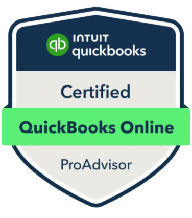 A badge displaying "Intuit QuickBooks Certified QuickBooks Online ProAdvisor" with a green QuickBooks logo at the top.